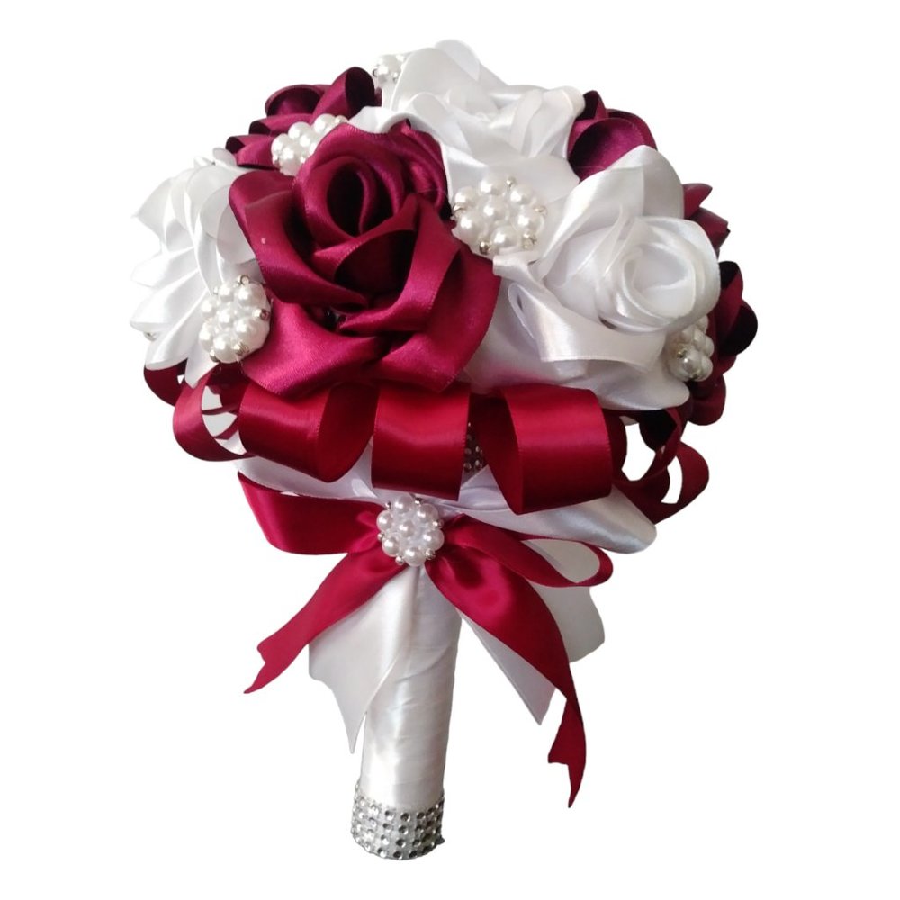 Eternal rose bouquet for weddings or XV Years in wine red and white